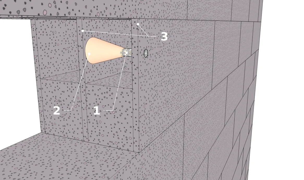 Schematische Darstellung des Prinzips des Einlegens einer Siebhülse in Hohlblocksteine